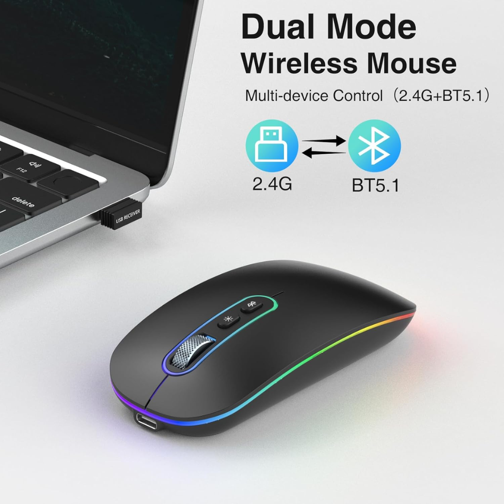 Cimetech Rechargeable Wireless Mouse – 2.4G & Bluetooth, 1600 DPI Slim Silent Ergonomic Mouse for Mac, iPad, PC & Laptop
